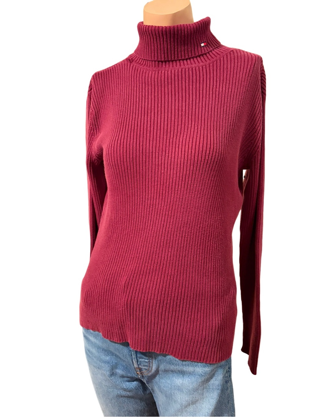 Tommy Hilfiger Burgundy Ribbed Cotton Turtleneck Sweater Small